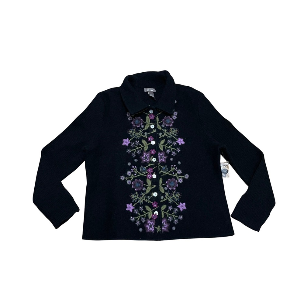 Kenar Women's L Black Wool Cottage‎ Embroidered Floral Cardigan Sweater Collared